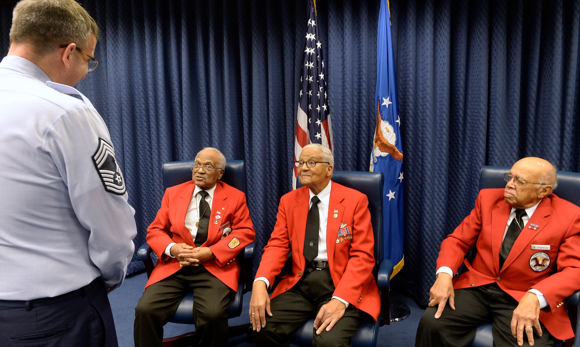 Tuskegee Airmen former Cadet William Fauntroy Jr., retired Col. Charles McGee and former Cadet Walter Robinson Sr. meet to share their stories with Airmen at the Pentagon Feb. 16, 2016. (U.S. Air Force photo/Scott M. Ash)  