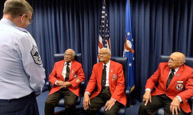 Tuskegee Airmen former Cadet William Fauntroy Jr., retired Col. Charles McGee and former Cadet Walter Robinson Sr. meet to share their stories with Airmen at the Pentagon Feb. 16, 2016. (U.S. Air Force photo/Scott M. Ash)  
