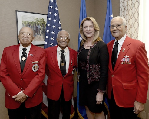 Tuskegee Airmen former Cadets Walter Robinson Sr. and William Fauntroy Jr. and retired Col. Charles McGee join Secretary of the Air Force Deborah Lee James for lunch at the Pentagon Feb. 16, 2016. The Tuskegee Airmen shared their stories and experiences with the secretary. (U.S. Air Force photo/Scott M. Ash)  