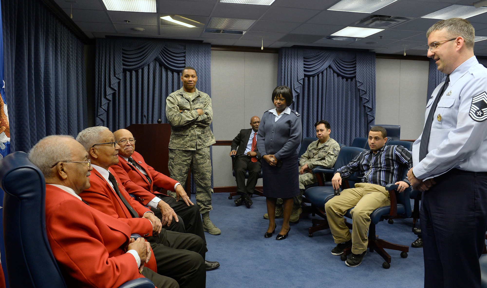 Tuskegee Airmen former Cadet William Fauntroy Jr., retired Col. Charles McGee and former Cadet Walter Robinson Sr. share their stories with a group of Airmen and civilians at the Pentagon Feb. 16; 2016. (U.S. Air Force photo/Scott M. Ash)