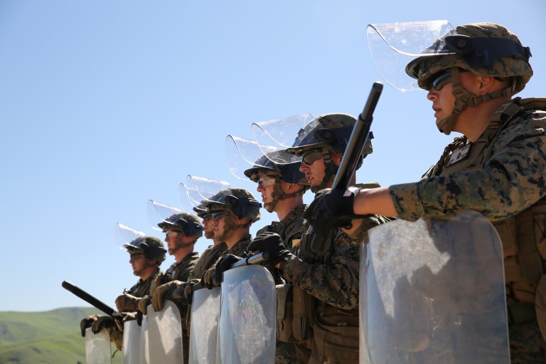 Marines receive instruction on various riot control techniques during nonlethal weapons training Feb. 11, 2016 at Camp Pendleton. The Marines, with 1st Law Enforcement Battalion, used this training as preparation for their upcoming deployment with the 11th Marine Expeditionary Unit this summer. (U.S. Marine Corps photo by Cpl. Jonathan Boynes)