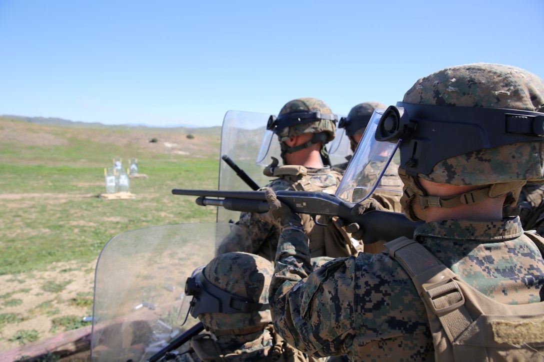 Marines engage riot targets during nonlethal weapons training Feb. 11, 2016, at Camp Pendleton. The Marines, with 1st Law Enforcement Battalion, used this training as preparation for their upcoming deployment with the 11th Marine Expeditionary Unit this summer. (U.S. Marine Corps photo by Cpl. Jonathan Boynes)