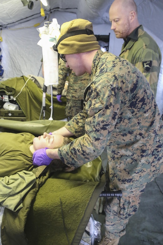 Hospitalman Sean Mack, a corpsman with the 2nd Marine Expeditionary Brigade, checks a Norwegian soldier for simulated neck injuries during combat casualty care training in Rena, Norway, Feb. 17, 2016. Mack is one of about ten Marines and sailors who make up the shock trauma squad, which is designed to provide expedient medical care to combat casualties when hospitals are not nearby. The two countries will join with 10 other NATO allies and partner nations for Exercise Cold Response 16 in March, a nine-day training evolution intended to develop joint crisis response capabilities in cold weather settings. (U.S. Marine Corps photo by Cpl. Lucas Hopkins/Released)