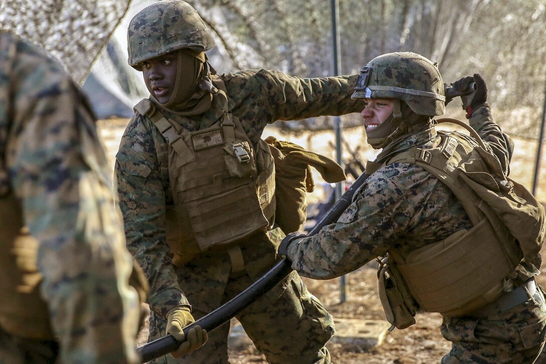 Marine Corps Lance Cpls. Tomarus Barnes, left, and Eric Bradley ram an artillery shell into an M777A2 howitzer during a field exercise at Camp Lejeune, N.C., Feb. 11, 2016. Barnes and Bradley are field artillery cannoneers with the 1st Battalion, 10th Marine Regiment. Marine Corps photo by Cpl. Sullivan Laramie