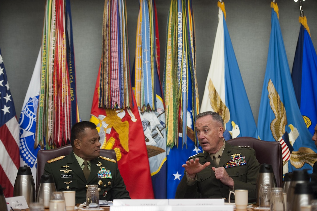 Marine Corps Gen. Joseph F. Dunford Jr., right, chairman of the Joint Chiefs of Staff, meets with Gen. Gatot Nurmantyo, commander in chief of Indonesian National Defense Forces, at the Pentagon, Feb. 18, 2016. DoD photo by Navy Petty Officer 2nd Class Dominique A. Pineiro