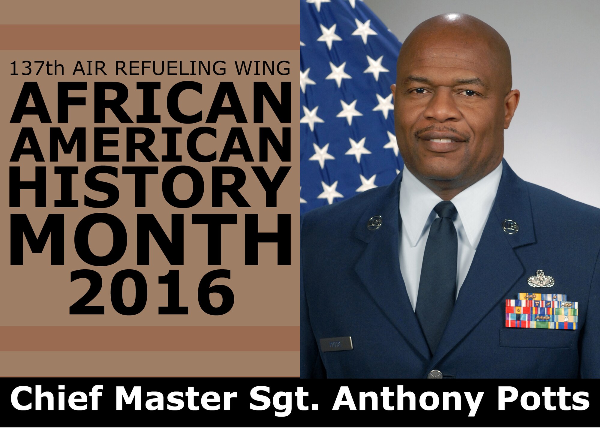 Chief Master Sgt. Anthony Potts overcame challenges in his own career to achieve his current rank and appreciates the Airmen who have come before him while continuing to mentor the Airmen who will follow him. The 137th Air Refueling Wing is highlighting the African-American Airmen who have helped to advance the U.S. Air Force, the Air National Guard and the 137th Air Refueling Wing in a four-part series as part of African American History Month. (U.S. Air National Guard illustration by Master Sgt. Andrew LaMoreaux)
