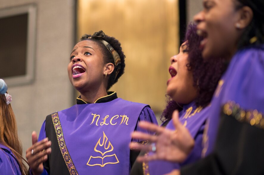 Members from the New Life Christian Ministries Church Choir sing gospel songs during the Gospel Explosion 2016 African American History Month event at Yokota Air Base, Japan, Feb. 13, 2016. Each February, the country recognizes AAHM to highlight the struggles and triumphs of millions of American citizens during some of the most devastating obstacles in the nation’s history. (U.S. Air Force photo by Osakabe Yasuo/Released) 