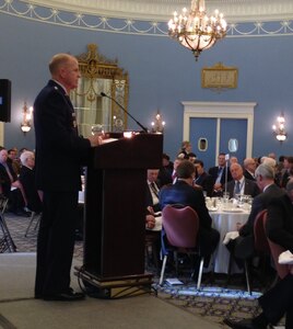 U.S. Air Force Lt. Gen. Stephen W. Wilson, U.S. Strategic Command deputy commander, addresses participants of the Conference of Defense Associations (CDA) and CDA Institute 2016 Ottawa Conference on Security and Defense during a working lunch at the Chateau Laurier, Ottawa, Ontario, Canada, Feb. 18, 2016. In his remarks, Wilson emphasized the close partnership between the United States and Canada, and the interoperability between U.S. and Canadian armed forces as they work together to address the many evolving challenges around the globe. One of nine DoD unified combatant commands, USSTRATCOM has global strategic missions, assigned through the Unified Command Plan, which include strategic deterrence; space operations; cyberspace operations; joint electronic warfare; global strike; missile defense; intelligence, surveillance and reconnaissance; combating weapons of mass destruction; and analysis and targeting. (USSTRATCOM photo by U.S. Navy Capt. Pamela S. Kunze)