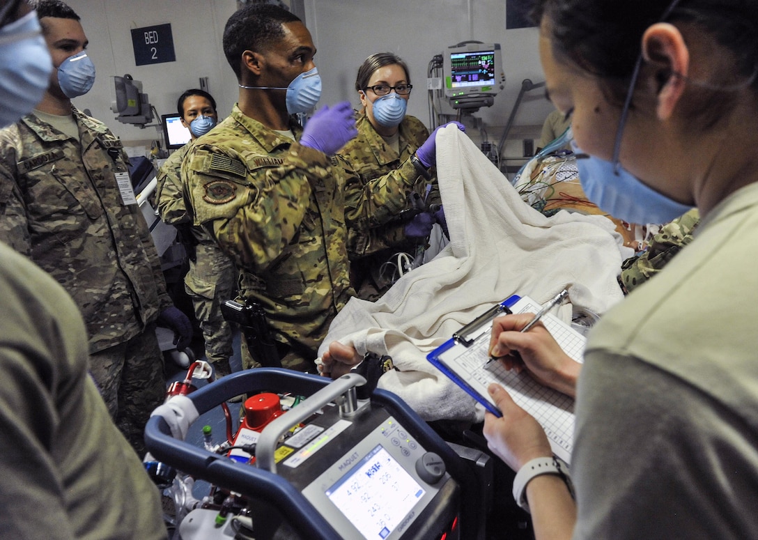 A 455th Expeditionary Medical Group team combines efforts with the Extracorporeal Membrane Oxygenation team to save the life of a NATO ally at the Craig Joint-Theater Hospital at Bagram Air Field, Afghanistan, on Feb. 18, 2016. The ECMO team, dispatched from San Antonio Military Medical Center, uses technology that bypasses the lungs and infuses the blood directly with oxygen, while removing the harmful carbon dioxide from the blood stream. The patient was airlifted to Landstuhl Regional Medical Center, Germany, where he will receive 7 to 14 days of additional ECMO treatment. (U.S. Air Force photo by Tech. Sgt. Nicholas Rau)