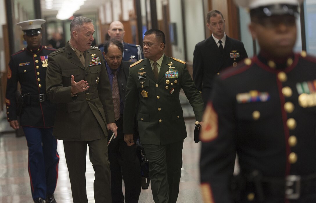 Marine Corps Gen. Joseph F. Dunford Jr., chairman of the Joint Chiefs of Staff, talks with Gen. Gatot Nurmantyo, commander in chief of the Indonesian National Defense Forces, at the Pentagon, Feb. 18, 2016. DoD photo by Navy Petty Officer 2nd Class Dominique A. Pineiro