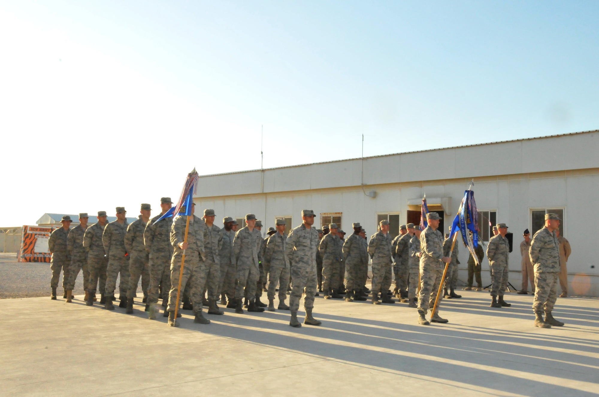 The 379th Expeditionary Maintenance Squadron participates in the retreat ceremony to commemorate George Washington’s Birthday also known as Presidents’ Day, Feb. 15, at Al Udeid Air Base, Qatar. Presidents’ Day is commemorated every third Monday in February. (U.S. Air Force photo by Tech. Sgt. Terrica Y. Jones/Released)
