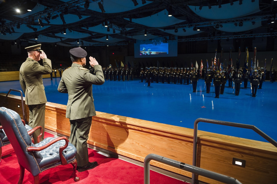 Marine Corps Gen. Joseph F. Dunford Jr., left, chairman of the Joint Chiefs of Staff, and Gen. Gatot Nurmantyo, commander in chief of the Indonesian National Defense Forces, render honors during a ceremony for Nurmantyo at Conmy Hall on Joint Base Myer-Henderson Hall, Va., Feb. 18, 2016. DoD photo by Army Staff Sgt. Sean K. Harp
