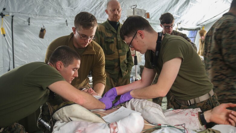 U.S. Marines and sailors with the 2nd Marine Expeditionary Brigade stabilize the neck of a notional Norwegian soldier casualty during combat casualty care at Rena, Norway, Feb. 17, 2016. About ten Marines from the unit form the shock trauma squad, which is designed to provide a second echelon of medical care to wounded service members when hospitals are either not available or unable to get to the patient in time. The two nations will team up for Exercise Cold Response 16, combining 10 other NATO allies and partner nations in order to enhance joint crisis response capabilities in cold weather environments. 