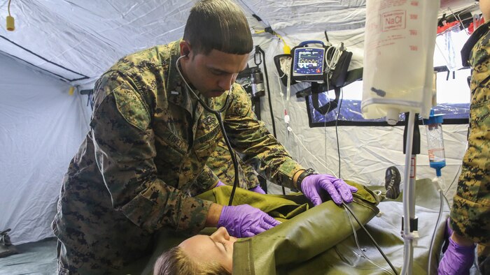 Lt. J.G. Eric Lopez, a physician assistant with the 2nd Marine Expeditionary Brigade, checks the heart rate of a notional Norwegian soldier casualty during combat casualty care training in Rena, Norway, Feb. 17, 2016. More than ten Marines and sailors with the unit conducted simulated medical treatment onto their Norwegian counterparts in order to enhance and compare their field medical care capabilities. The two countries are coming together for Exercise Cold Response 16 in March, which combines the efforts of 12 NATO allies and partner nations to enhance joint crisis response capabilities in cold weather environments.