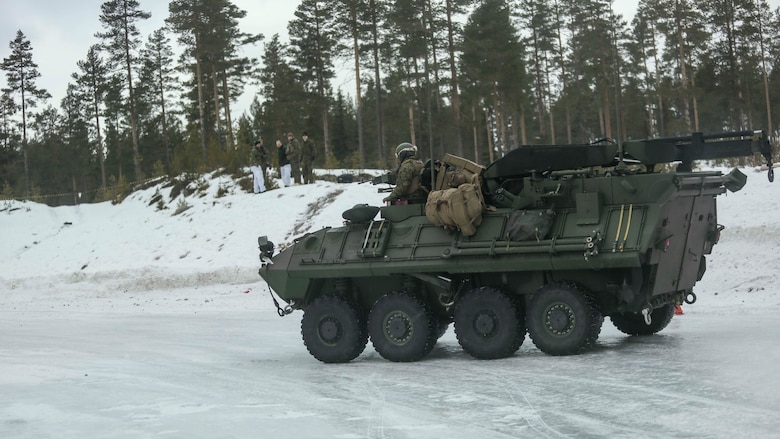 U.S. Marines with Combined Arms Company break loose their Light Armored Vehicles during the ice driving course in Rena, Norway, Feb. 17, 2016. The Marines were getting behind the wheel on the icy pathway in order to understand how to control their heavy vehicles on the slick terrain. The Marines worked and learned alongside members of the Norwegian Army in order to better understand how one another operate. 