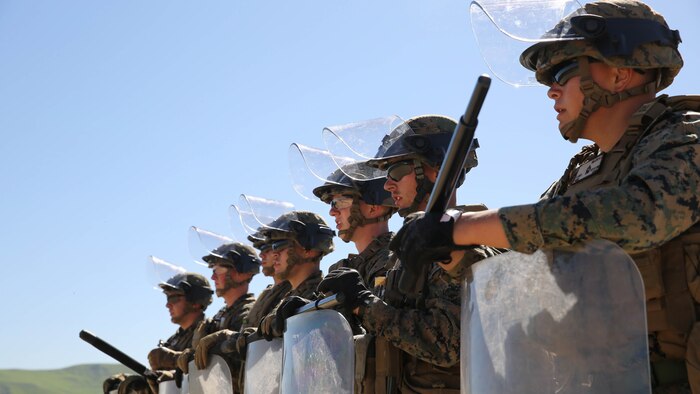 Marines receive instruction on various riot control techniques during nonlethal weapons training Feb. 11, 2016 at Marine Corps Base Camp Pendleton. The Marines, with 1st Law Enforcement Battalion, used this training as preparation for their upcoming deployment with the 11th Marine Expeditionary Unit this summer. 