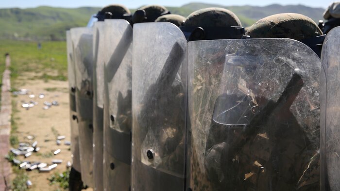 Marines practice riot control techniques during nonlethal weapons training Feb. 11, 2016 at Marine Corps Base Camp Pendleton. The Marines, with 1st Law Enforcement Battalion, used this training as preparation for their upcoming deployment with the 11th Marine Expeditionary Unit this summer.