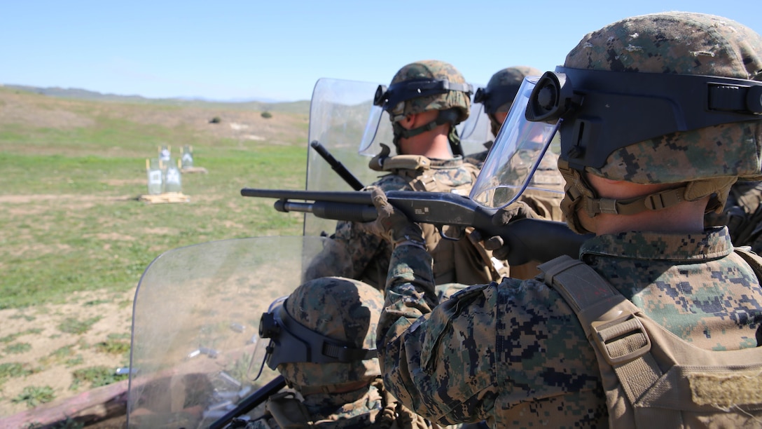 Marines engage riot targets during nonlethal weapons training Feb. 11, 2016, at Marine Corps Base Camp Pendleton. The Marines, with 1st Law Enforcement Battalion, used this training as preparation for their upcoming deployment with the 11th Marine Expeditionary Unit this summer. 