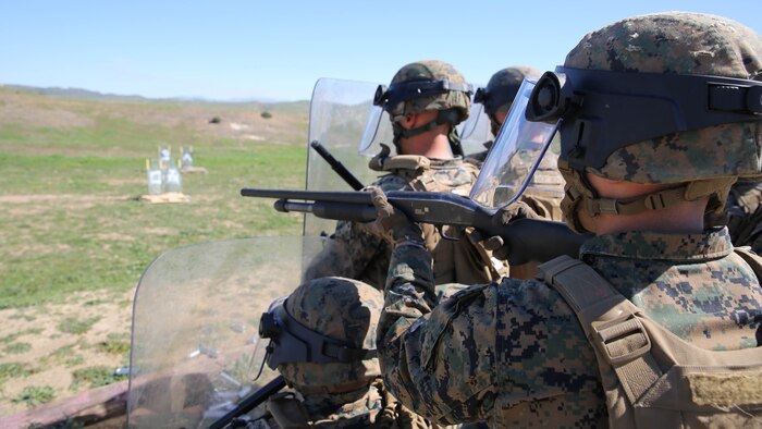 Marines engage riot targets during nonlethal weapons training Feb. 11, 2016, at Marine Corps Base Camp Pendleton. The Marines, with 1st Law Enforcement Battalion, used this training as preparation for their upcoming deployment with the 11th Marine Expeditionary Unit this summer. 