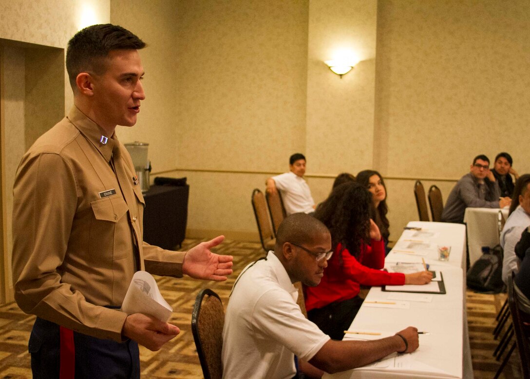 Captain Matthew Ervine discusses the importance of leadership in the workplace during the Mexican American Engineers and Scientists Leadership Academy leadership workshop in San Antonio, February 18, 2016. Ervine currently serves as a Diversity Officer at Marine Corps Recruiting Command in Quantico, VA. The presence of the Marine Corps at MAES creates a positive reminder to those participating that the Marine Corps continues to seek out diversity in its ranks and leaders.