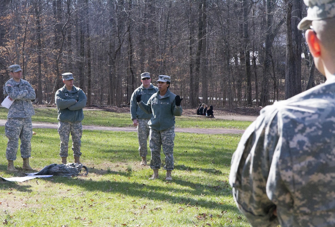 Capt. Yolanda Mason, the G33 readiness officer (center) briefs leaders and Soldiers of the 108th Training Commad (IET), on some of the logistical as well as tactical mistakes made during the Battle of Guilford Courthouse, now a National park located in Greensboro, N.C., to fellow Leaders and Soldiers during their staff ride on Feb 6. Representatives from each of the staff sections were assigned tasks such as key figure biographies as well as the tactics of the day and how the lessons learned apply today. The staff rides are training events used by staff members of the unit to learn important lessons from the past in order to ensure success in future conflicts. (U.S. Army photo by Sgt. Javier Amador)