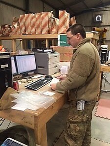 Staff Sgt. William Leuck works to maintain warehouse operations at Bagram Air Field, Afghanistan, as part of a nine-month duty tour. Leuck and five other members of the 1109th Theater Aviation Sustainment Maintenance Group from Groton, Connecticut, are there to focus on a large aviation retrograde mission involving aviation material and equipment in theater to a destination in the United States.