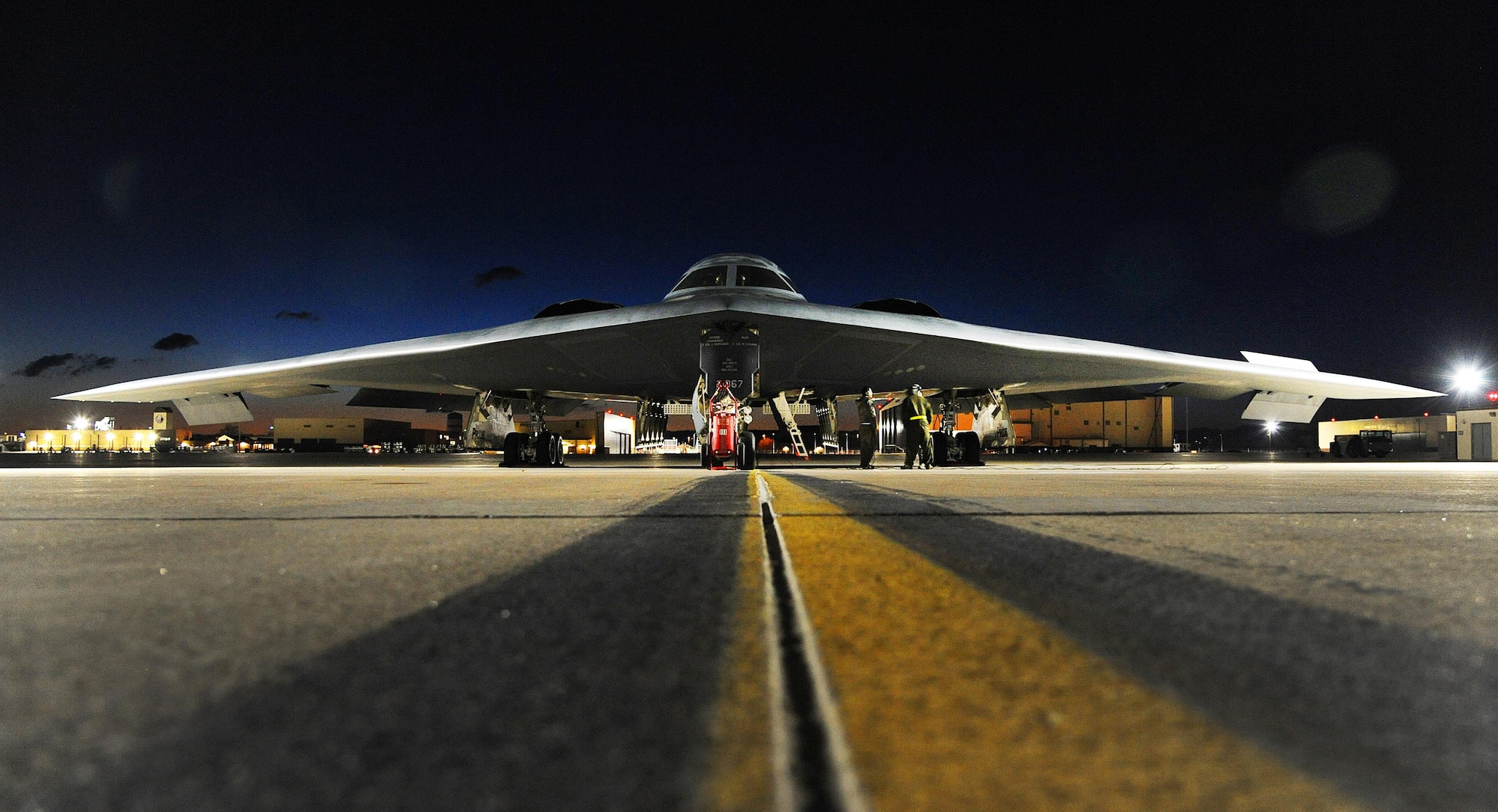 A B-2 Spirit bomber sits on the flightline prior to takeoff at Whiteman Air Force Base, Mo., for Red Flag 16-1 Feb. 2, 2016. Established in 1975, Red Flag includes command, control, intelligence and electronic warfare exercises to better prepare forces for combat.
(U.S. Air Force photo/Airman 1st Class Michaela R. Slanchik) 
