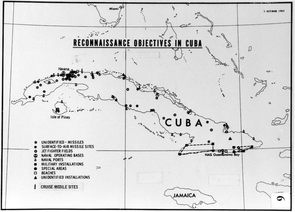 Picture of a map of reconnaissance objectives in Cuba, 1962, during the Cuban Missile crisis.