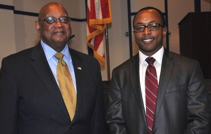 DAHLGREN, Va. - Dr. William Bundy, Gravely Naval Warfare Research Group director, and Michael Hobson, Naval Surface Warfare Center Dahlgren Division (NSWCDD) Black Employment Program manager (right), meet after Bundy's keynote speech at the NSWCDD 2016 Black History Month Observance, Feb. 11.  In his speech, Bundy - a retired Navy Captain who began his Navy career as a sonar technician - reflected on the lives and service of African-Americans, especially those who died in combat, making the land and seas from Pearl Harbor to the skies over Korea hallow.  