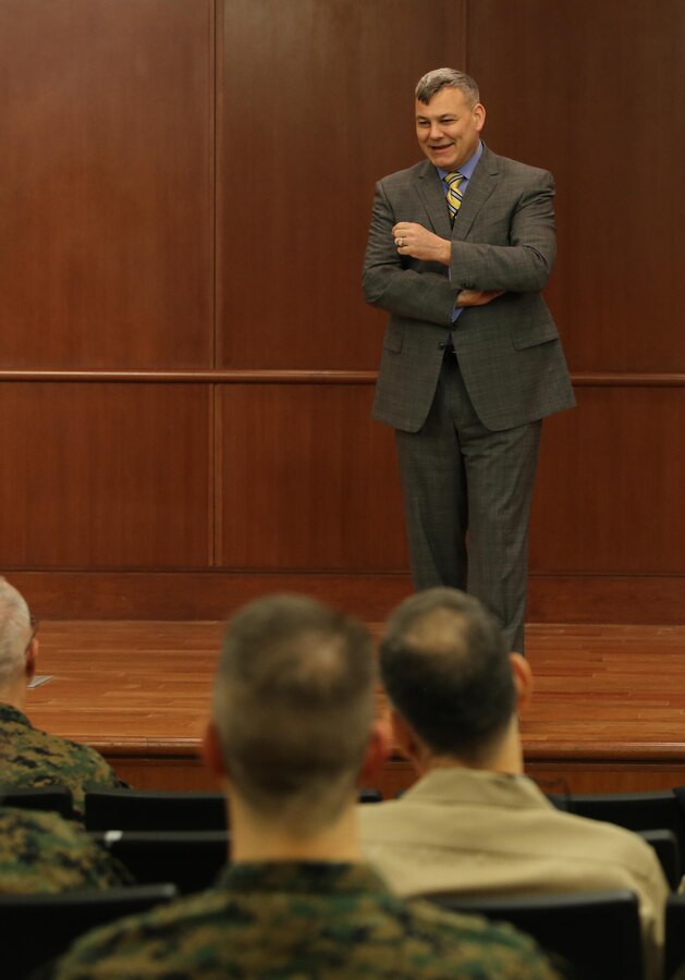 Mr. Gregg T. Habel, executive director of Marine Forces Reserve, welcomes Navy medical personnel to the annual MARFORRES Surgeon’s Training Conference, Feb. 19, 2016, at Marine Corps Support Facility New Orleans. Habel spoke about the significance of corpsmen who maintain readiness for Reserve Marines. Navy medical personnel attend this conference once a year to discuss new policies and determine the best ways to improve medical readiness.  (U.S. Marine Corps photo by Sgt. Brytani Musick)