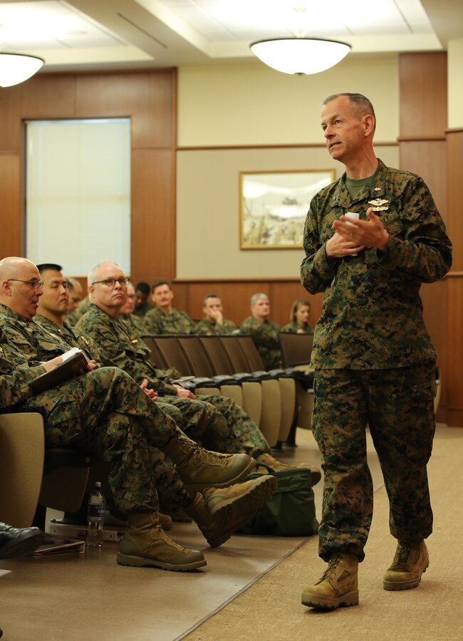 Rear Adm. Stephen M. Pachuta, the medical officer of the Marine Corps, addresses Navy medical personnel at the annual Marine Forces Reserve Surgeon’s Training Conference, Feb. 19, 2016, at Marine Corps Support Facility New Orleans. Pachuta stressed the importance of medical personnel to ensure Reserve Marines are medically ready year-round.  (U.S. Marine Corps photo by Sgt. Brytani Musick)