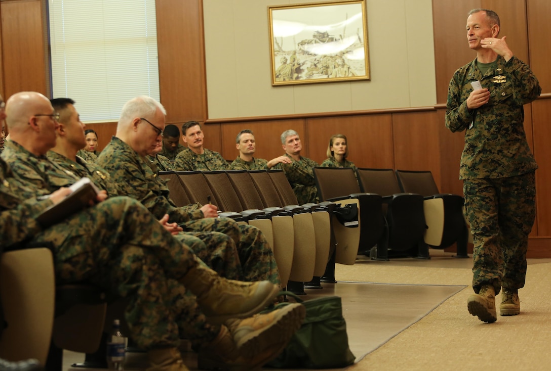 Rear Adm. Stephen M. Pachuta, the medical officer of the Marine Corps, addresses Navy medical personnel at the annual Marine Forces Reserve Surgeon’s Training Conference, Feb. 19, 2016, at Marine Corps Support Facility New Orleans. Pachuta stressed the importance of medical personnel to ensure Reserve Marines are medically ready year-round.  (U.S. Marine Corps photo by Sgt. Brytani Musick)