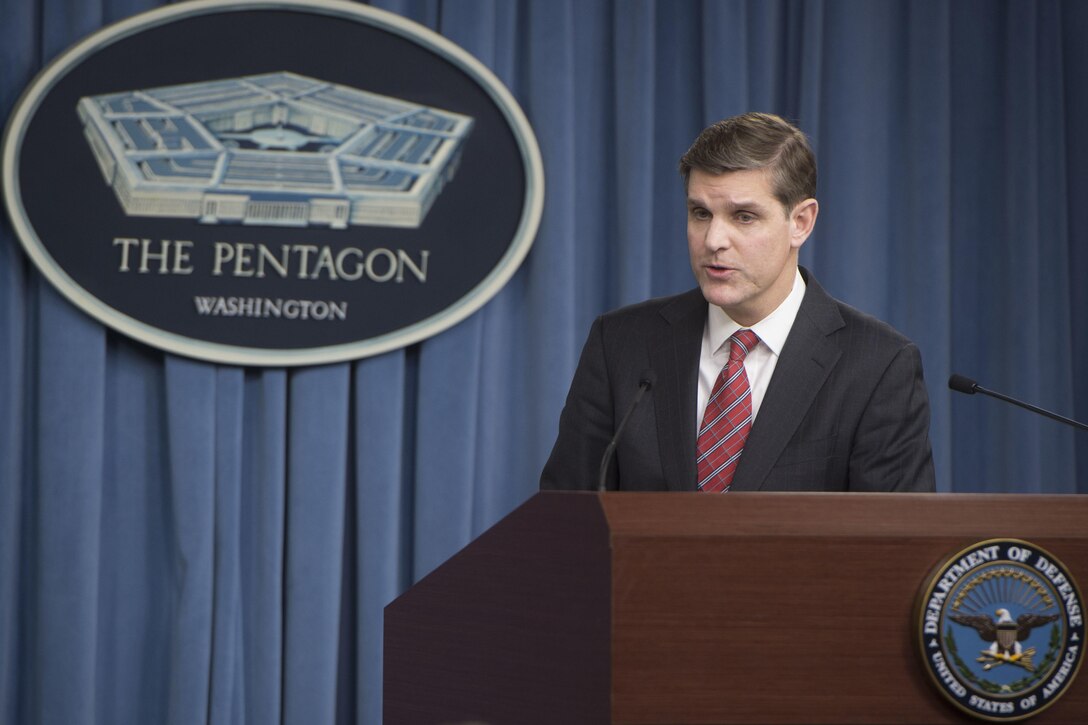 Pentagon Press Secretary Peter Cook addresses reporters' questions during a briefing at the Pentagon, Feb. 19, 2016. DoD photo by Navy Petty Officer 1st Class Tim D. Godbee