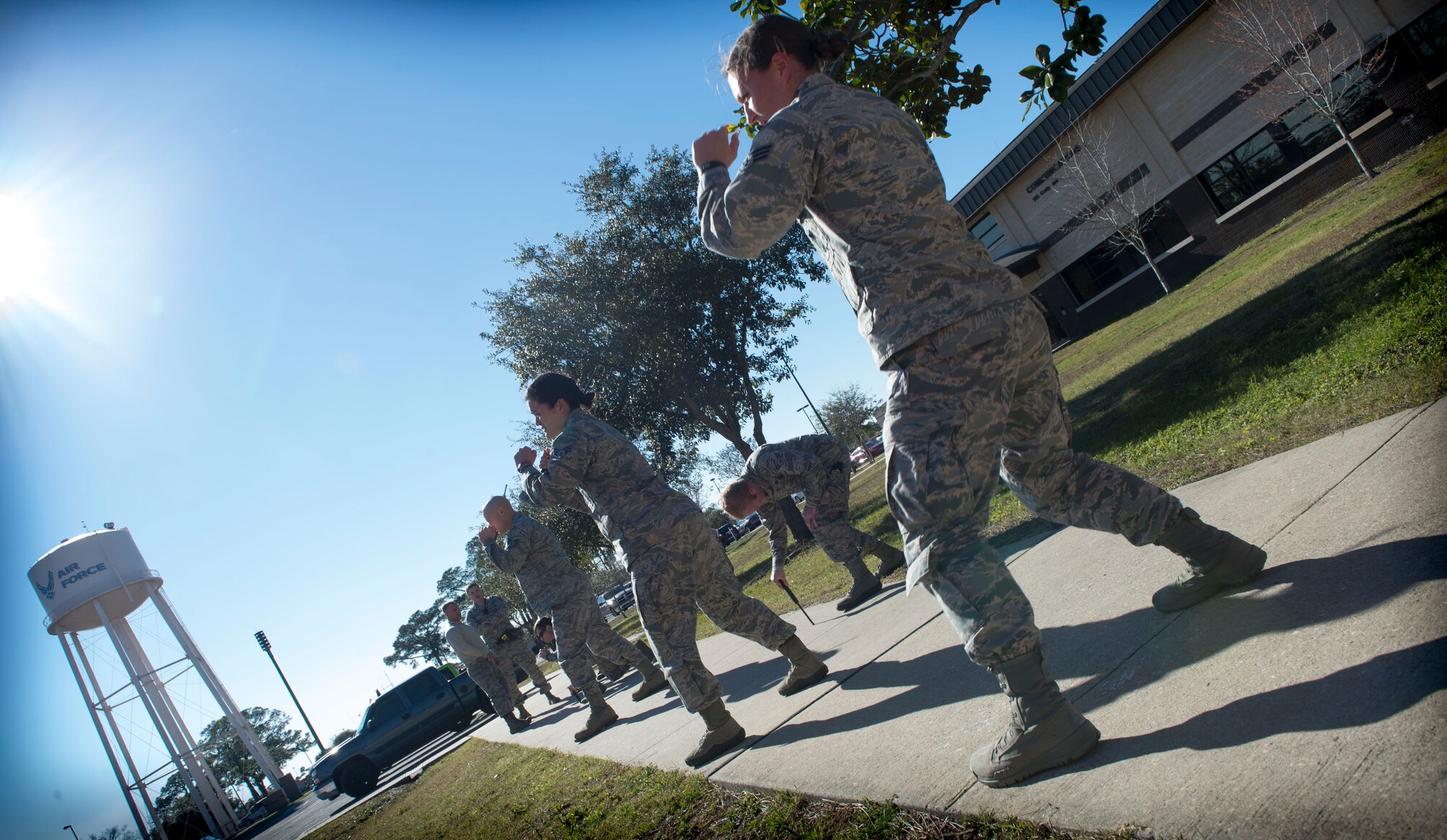 Airmen with the 1st Special Operations Security Forces Squadron practice their baton skills during baton training at Hurlburt Field, Fla., Feb. 10, 2016. Security Forces personnel are required to complete the training annually to ensure they are properly trained and capable of apprehending a suspect. (U.S. Air Force photo by Senior Airman Krystal M. Garrett)