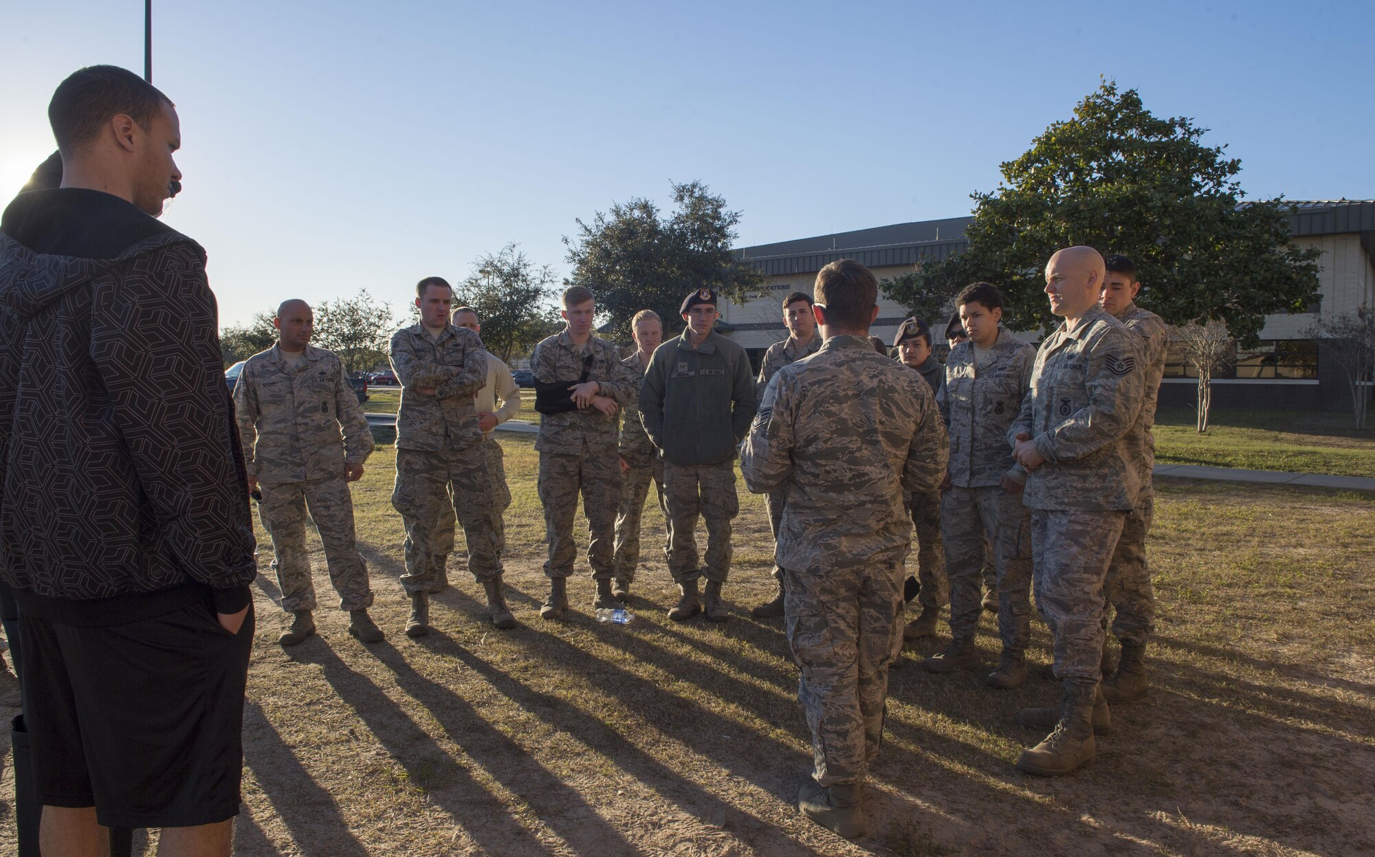 Airmen with the 1st Special Operations Security Forces Squadron are briefed on taser safety before engaging taser training at Hurlburt Field, Fla., Feb. 10, 2016. If a suspect isn’t complying with verbal orders, the use of a taser on a suspect can be a secondary use of force. (U.S. Air Force photo by Senior Airman Krystal M. Garrett)