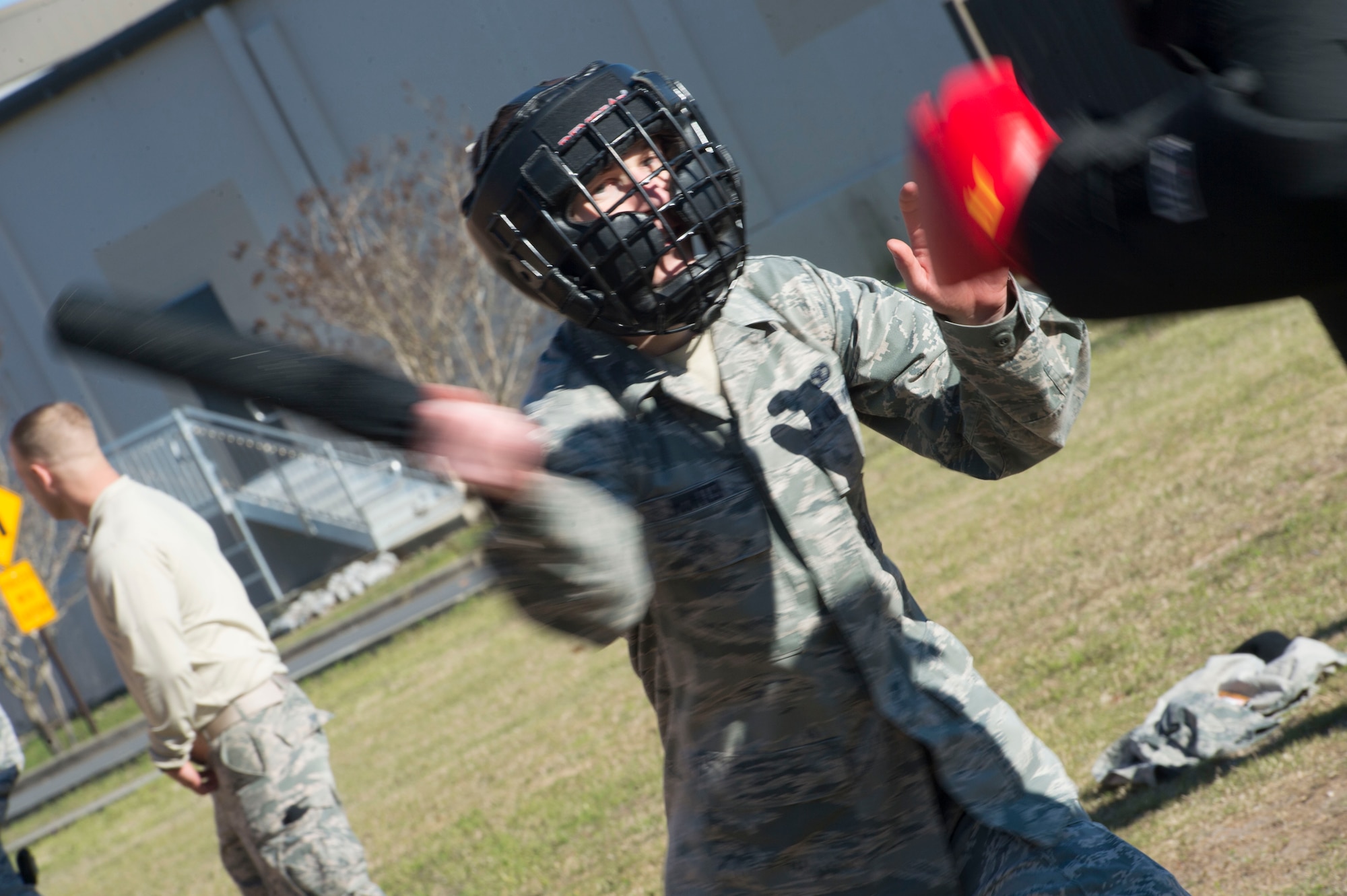 An Airman with the 1st Special Operations Security Forces Squadron practices during baton training at Hurlburt Field, Fla., Feb. 10, 2016. Security Forces personnel participate in combat scenario exercises to gain real-world experience. (U.S. Air Force photo by Senior Airman Krystal M. Garrett)