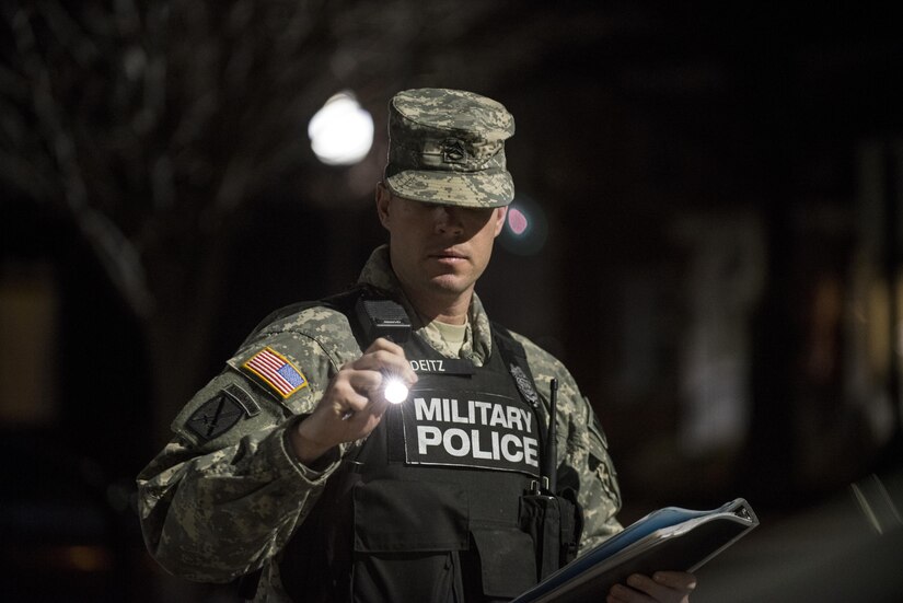 Staff Sgt. Micheal Deitz, patrol supervisor for the 289th Military Police Company, belonging to the 3rd U.S. Infantry Regiment (The Old Guard), inspects his vehicle before the start of his patrol in the Military District of Washington, D.C., Feb. 17. The 289th MP Co. is currently operating a partnership with U.S. Army Reserve MP Soldiers from the 200th MP Command as part of a pilot program that began in early February, placing Army Reserve MPs on active duty orders for three weeks while working at Joint Base Myer-Henderson Hall, Fort Lesley J. McNair and the Arlington National Cemetery. Soldiers will also support the Military District of Washington with additional duty days throughout the year. (U.S. Army photo by Master Sgt. Michel Sauret)
