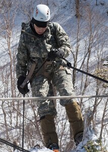 Chief Warrant Officer 4 Kim Siner, the command chief warrant officer of Vermont, rappels a cliff face during the Mountain Walk at Smugglers' Notch in Jeffersonville, Vermont, Feb. 18, 2016. Vermont National Guard leadership performed the Mountain Walk with basic and advanced mountain warfare students to gain a better understanding of the Mountain Warfare School and to refresh their mountaineering skills.