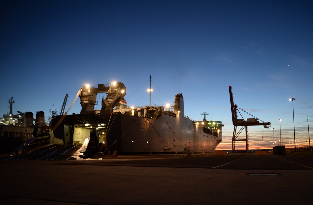 The Cape Race, a vehicle carrier stationed in Norfolk, Va., docks at Marine Corps Support Facility, Blount Island Command, Jacksonville, Fla., Jan. 13-17. Marines and civilian-Marines with Marine Corps Support Facility, Blount Island Command, Jacksonville, Fla., and soldiers from the 101st Combat Aviation Brigade, Fort Campbell, Ky., conducted a four-day, joint redeployment operation aboard BICmd.