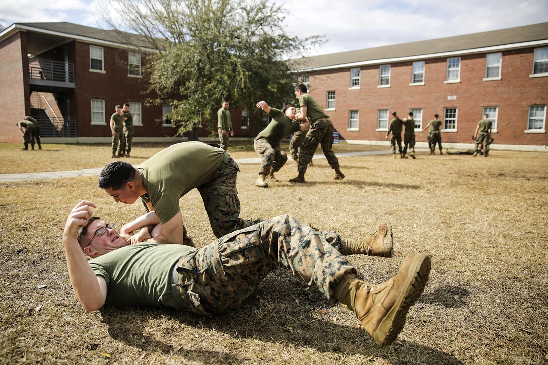 Cpl. Jose Becerril, a distributor with the Evacuation Control Center team from Combat Logistics Battalion 2, practices Mechanical Advantage Control Holds as part of a riot control exercise for on Camp Lejeune, N.C., Feb. 17, 2016. These techniques use an opponent’s momentum and position as tools to subdue the individual and maintain control of the situation. (U.S. Marine Corps photo taken by Cpl. Alexander Mitchell/released)