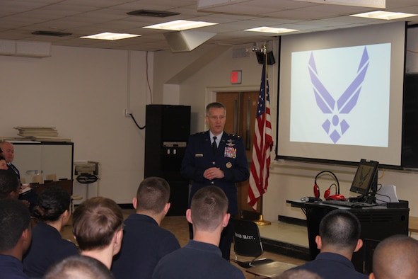Maj. Gen. Vincent Mancuso, the mobilization assistant to the Air Force chief of staff, speaks to Air Force ROTC Detachment 330 cadets at the University of Maryland in College Park, Md., Feb. 18, 2016. Mancuso, who served as an F-4 Phantom II pilot during Operation Desert Storm, spoke to the cadets about personal leadership lessons he learned as a young pilot during the conflict 25 years ago and how those lessons are applicable to the cadets as they begin their Air Force careers as officers. (U.S. Air Force photo/Zach Anderson)