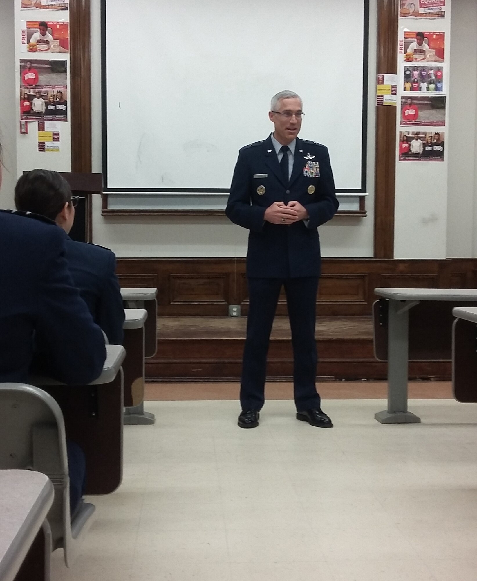 Brig. Gen. Craig La Fave, the special assistant to the chief of the Air Force Reserve and military deputy to the total force continuum, deputy chief of staff strategic plans and programs, visits with Air Force ROTC Detachment 130 cadets at Howard University in Washington, D.C., Feb.  10, 2016. La Fave, who served as a C-141 Starlifter pilot during Operation Desert Storm, spoke to the cadets about his experiences serving in the conflict 25 years ago and discussed how lessons learned from Desert Storm have helped shape the Air Force of today. (U.S. Air Force photo/Zach Anderson)