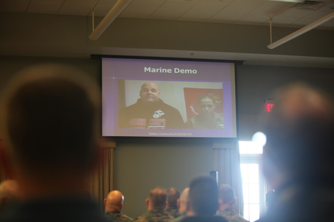 Senior leaders with 2nd Marine Aircraft Wing and Marine Corps Air Station Cherry Point watch a suicide scenario during the Suicide Prevention Leadership Symposium at Cherry Point, N.C. Jan. 28. The Marines were visited by suicide prevention specialist who spoke on topics including: the difference between suicide prevention; and post-vention, national trends and support for suicide; and Marine Corps initiatives and response to suicide. During the seminar senior leaders were able to ask questions and deliberate on ways to improve the Marine Corps approach to handle suicide.