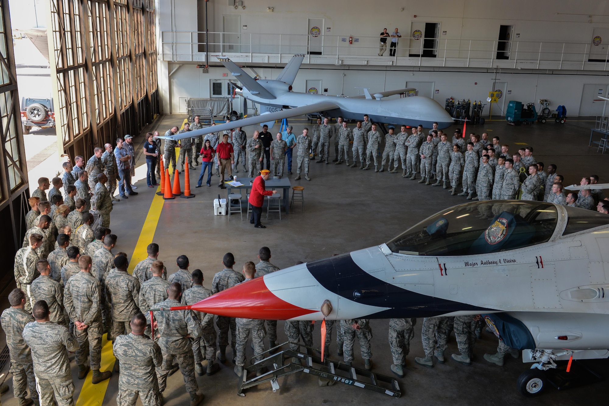 Hershel “Woody” Williams, Medal of Honor recipient, speaks to Airman at Sheppard Air Force Base, Texas, Feb. 19, 2016. Williams took a detour from the Iwo Jima reunion to visit with Airmen and speak about their oath and every day assumptions made about today’s service members. Williams was a Marine Corps corporal Feb. 21, 1945, when he used a flame thrower to clear Japanese fighting positions while U.S. forces were taking the island of Iwo Jima off the coast of Japan. (U.S. Air Force photo/Senior Airman Kyle Gese)