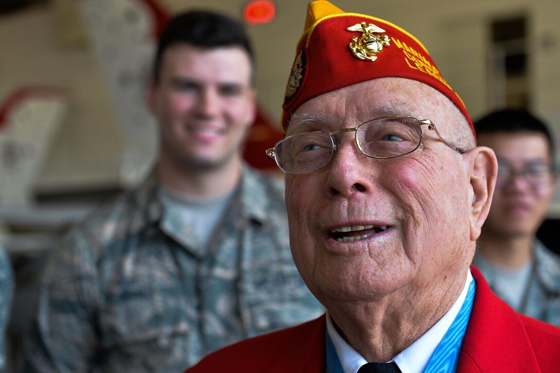 Hershel “Woody” Williams, Medal of Honor recipient, speaks to Airman at Sheppard Air Force Base, Texas, Feb. 19, 2016. Williams took a detour from the Iwo Jima reunion to visit with Airmen and speak about their oath and every day assumptions made about today’s service members. Williams was a Marine Corps corporal Feb. 21, 1945, when he used a flame thrower to clear Japanese fighting positions while U.S. forces were taking the island of Iwo Jima off the coast of Japan. (U.S. Air Force photo/Senior Airman Kyle Gese)