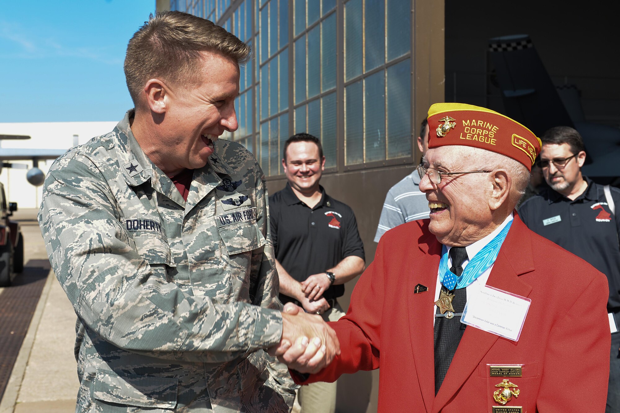Brig. Gen. Patrick Doherty, 82nd Training Wing commander, greets Hershel “Woody” Williams, Medal of Honor recipient, during an Iwo Jima reunion visit to Sheppard Air Force Base, Texas, Feb. 19, 2016. Williams took a detour from the reunion to visit with Airmen and speak about their oath and every day assumptions made about today’s service members. (U.S. Air Force photo/Senior Airman Kyle Gese)