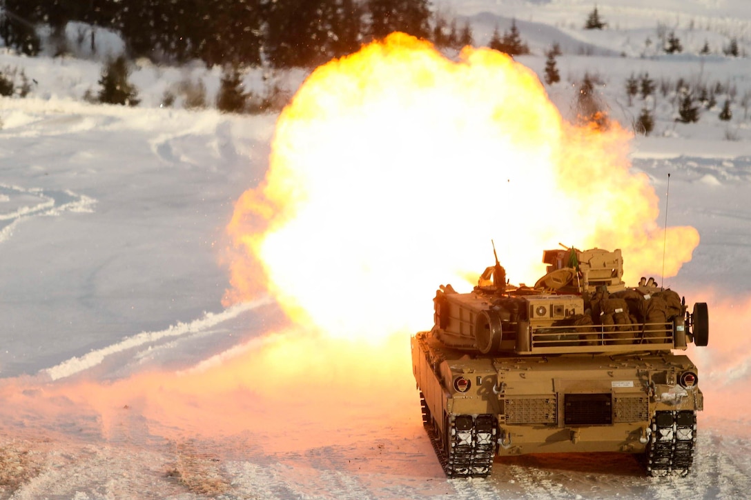 A Marine Corps M1A1 Abrams tank participates in a live-fire exercise with Norwegian forces in Rena, Norway, Feb. 18, 2016. The Marines and Norwegian troops are preparing themselves for Exercise Cold Response 16, which will bring together 12 NATO allies and partner nations. Marine Corps photo by Cpl. Dalton A. Precht