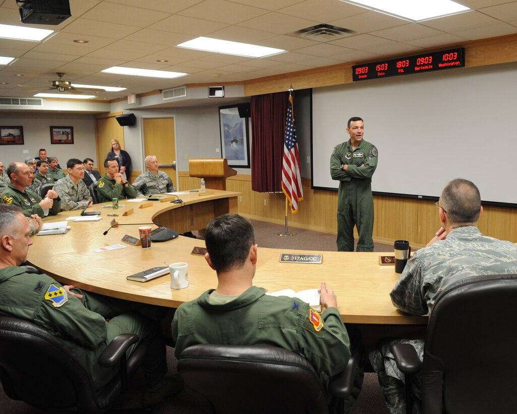 U.S. Air Force Col. David Benson, 7th Bomb Wing commander, speaks with commanders about the importance of Military Saves Week and ensuring Airmen are financially stable Feb. 18, 2016, at Dyess Air Force Base, Texas. This year Military Saves Week is Feb. 22-27 and to help promote, Dyess will offer different classes at the base theater. Taking these courses to prevent financial hardships helps prevent issues that can distract Airmen from the mission. (U.S. Air Force photo by Senior Airman Shannon Hall/Released)