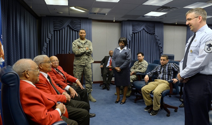 Tuskegee Airmen former Cadet William Fauntroy Jr., retired Col. Charles McGee and former Cadet Walter Robinson Sr. share their stories with a group of Airmen and civilians at the Pentagon Feb. 16; 2016. (U.S. Air Force photo/Scott M. Ash)