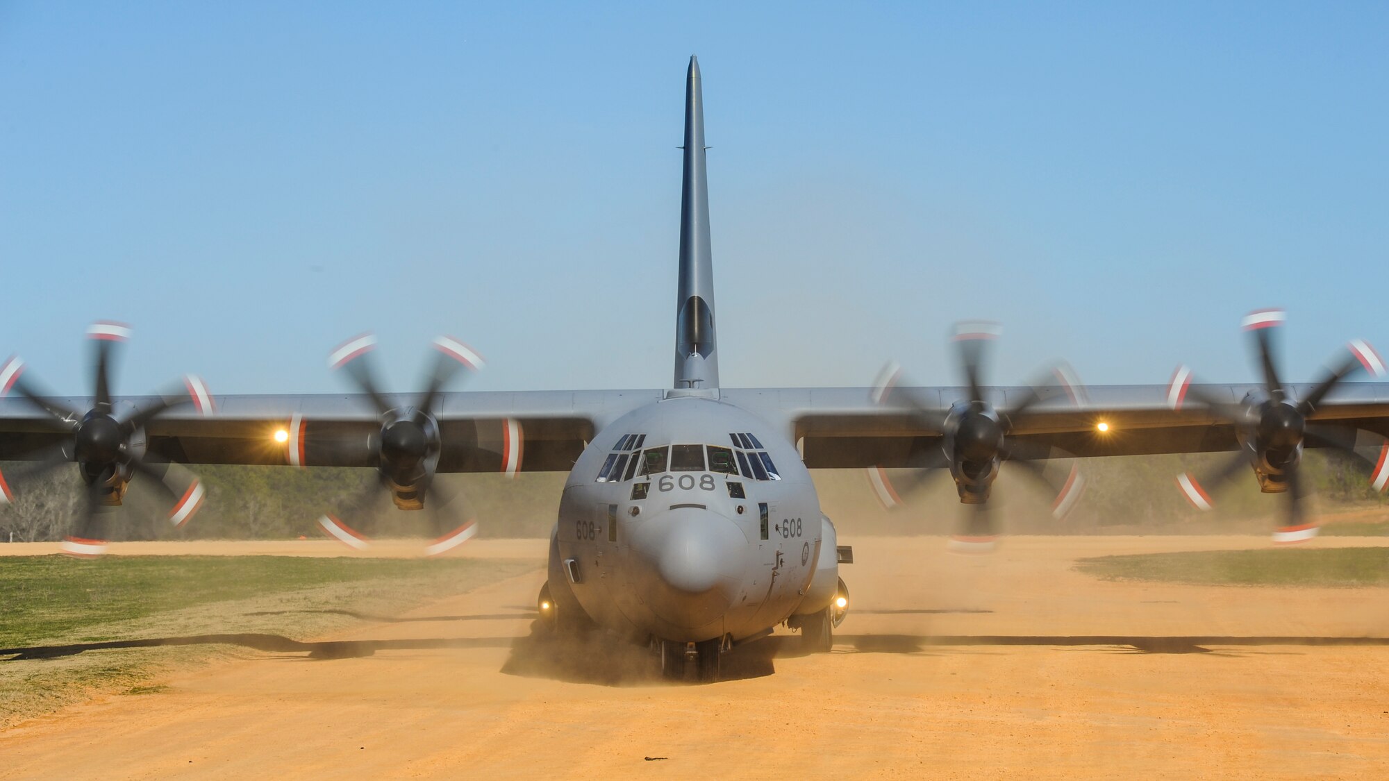 A Royal Canadian Air Force C-130J taxis to parking spot in order to offload cargo during GREEN FLAG 16-04, Feb. 17, 2016, at the Geronimo Landing Zone on Fort Polk, La. Approximately 50 Canadians and two of their C-130Js participated in the large-scale, joint air mobility exercise. (U.S. Air Force photo/Senior Airman Harry Brexel)